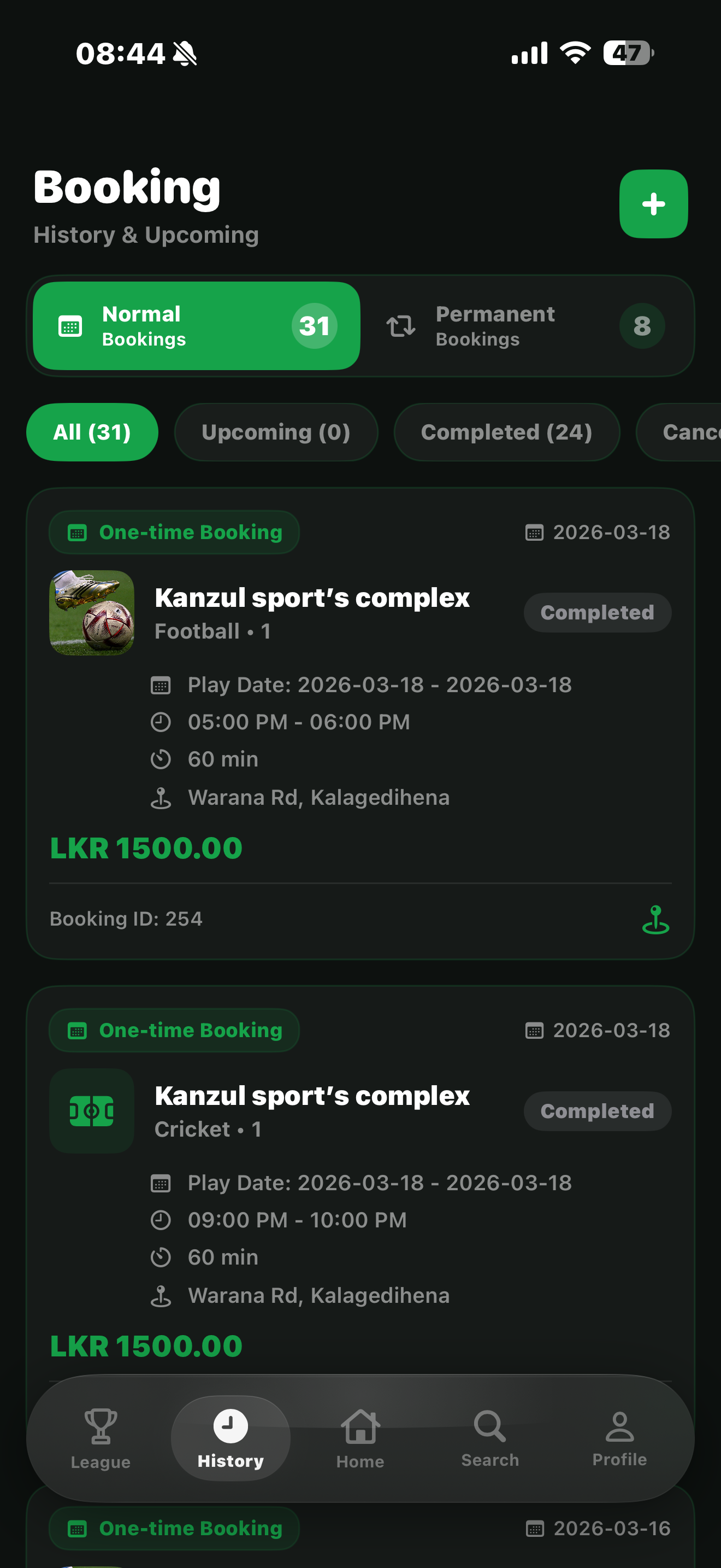 Sportynix Booking & Scheduling screen
