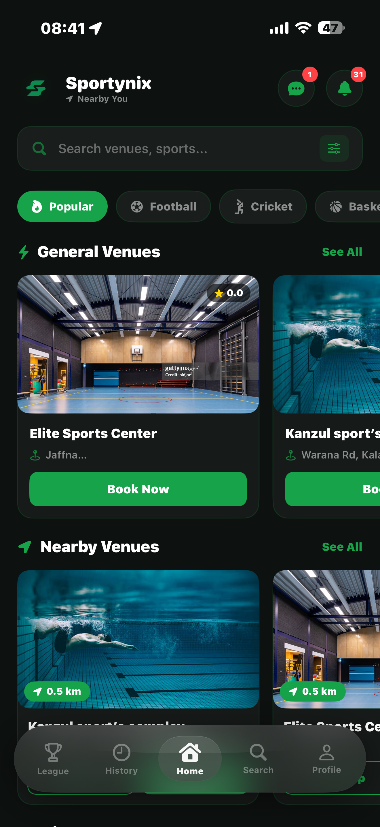 Sportynix Dashboard screen