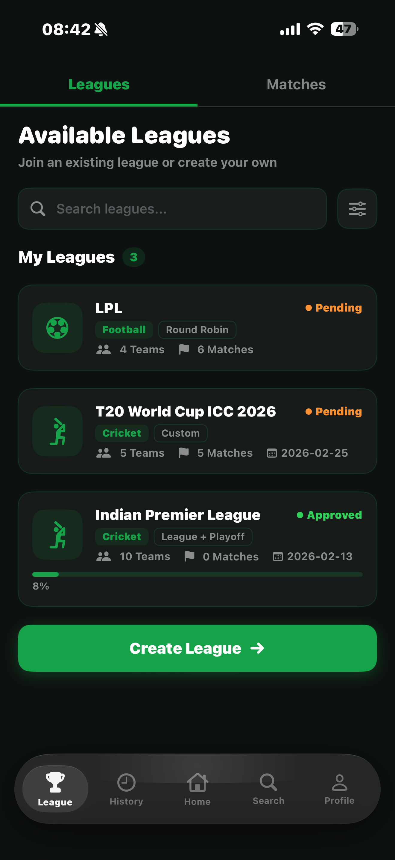 Sportynix League & Tournaments  screen